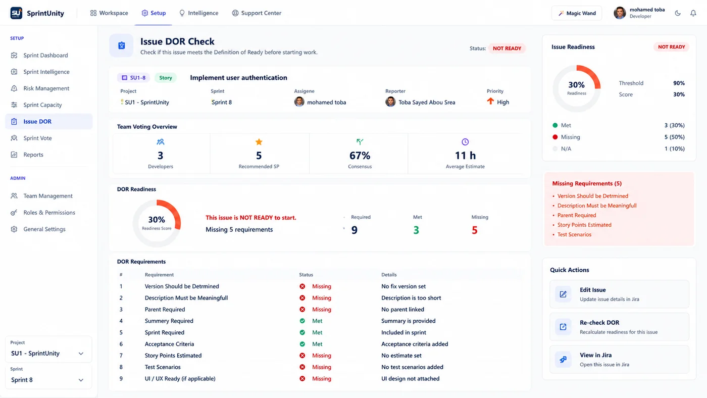 SprintUnity Issue DOR Check on a single issue — readiness score, full DOR requirements list and missing requirements, visible to any team member