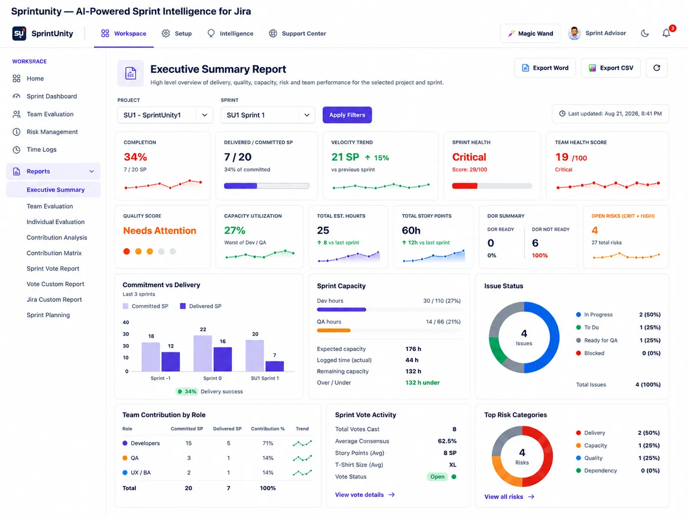 SprintUnity Executive Summary Report detail
