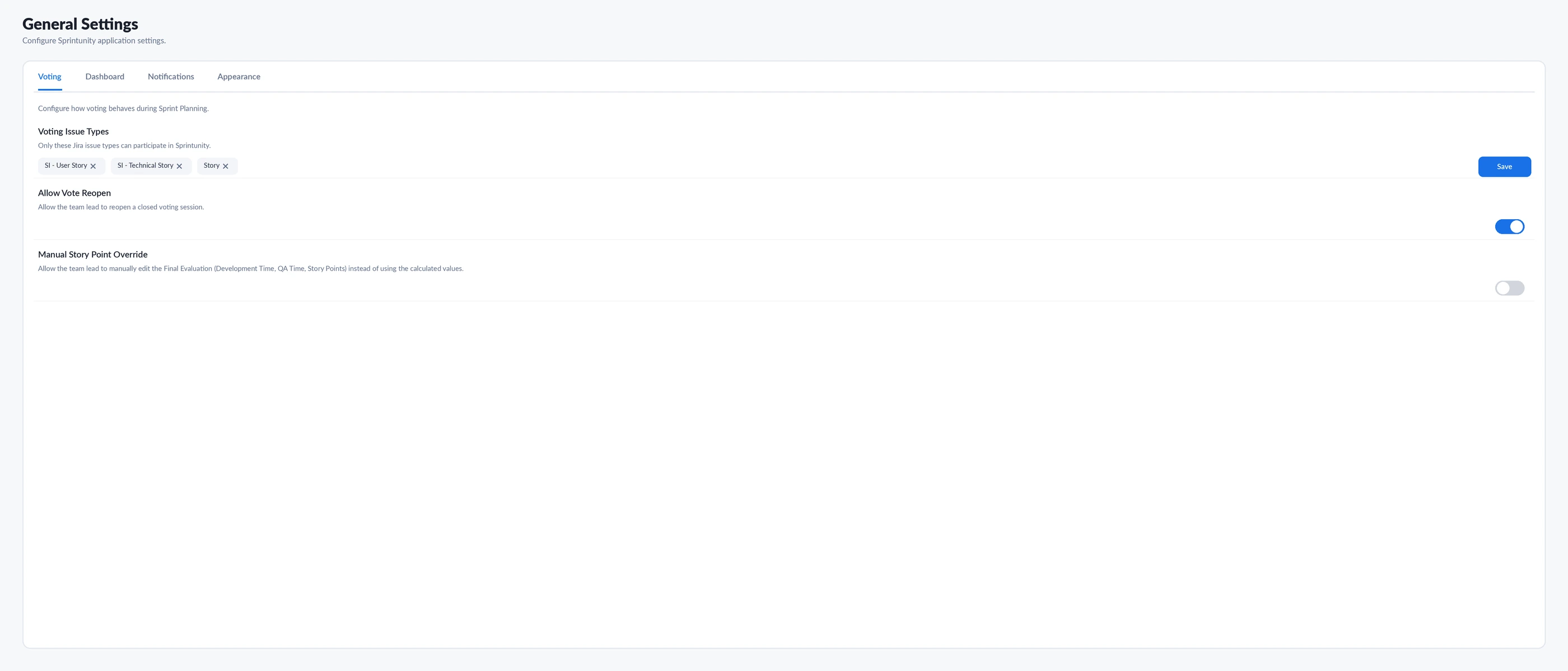 SprintUnity General Settings — Voting tab showing Voting Issue Types, Allow Vote Reopen, and Manual Story Point Override
