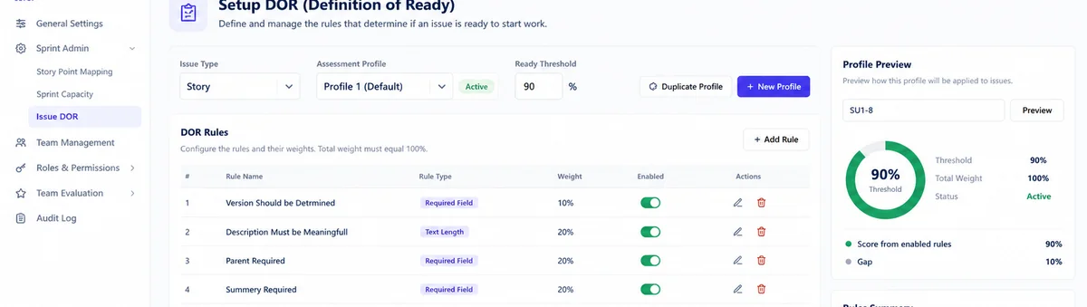 SprintUnity Issue DOR assessment rules — rule name, rule type, weight and enabled status