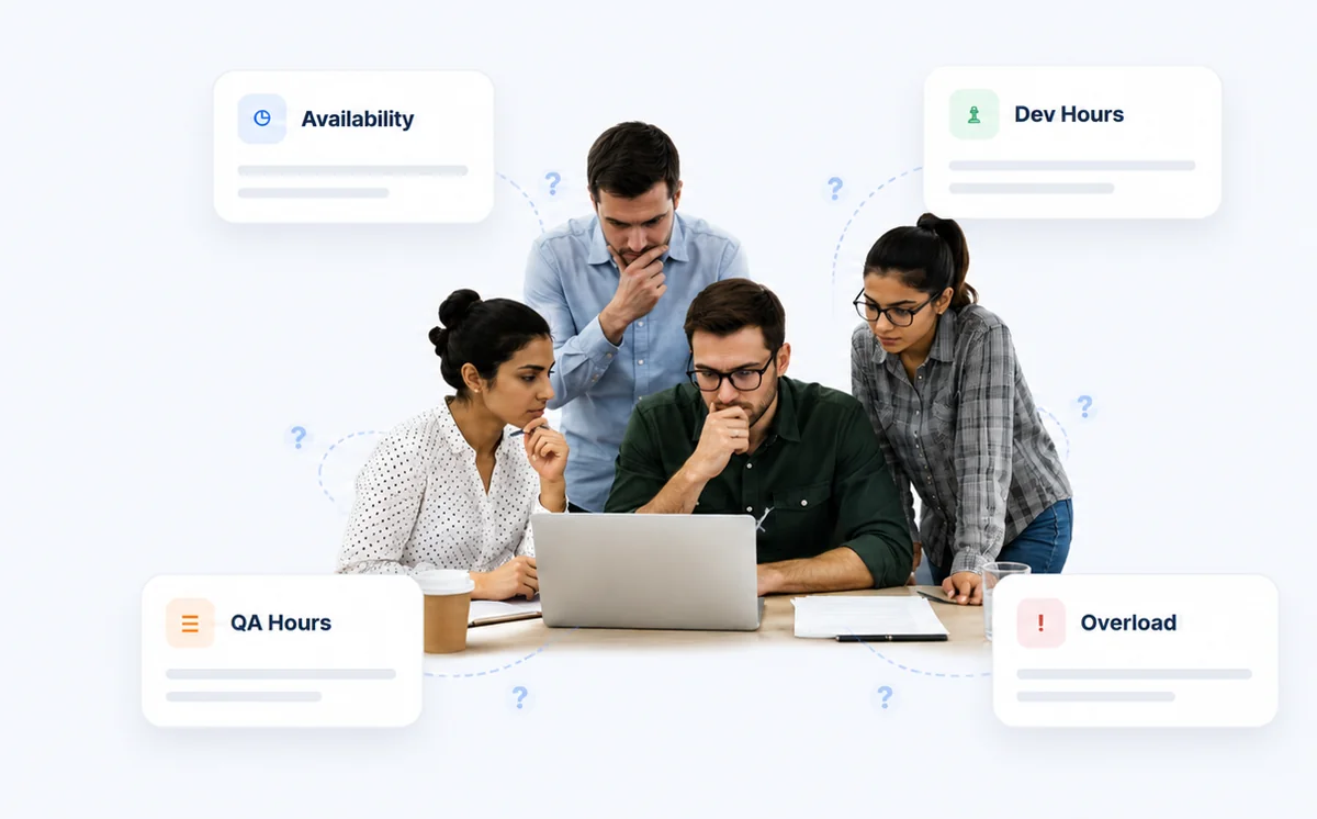 Team reviewing sprint capacity together around a laptop, with Availability, Dev Hours, QA Hours and Overload data connected to the discussion