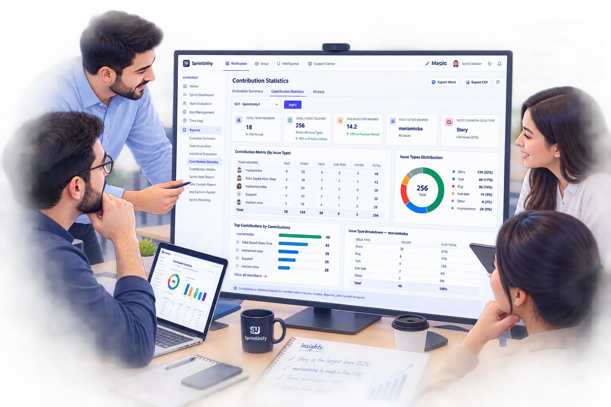A team reviewing SprintUnity Contribution Statistics together on screen — contribution matrix, issue types distribution and top contributions
